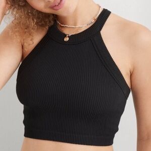 Aerie Black Ribbed Seamless Stretchy Superchill High Neck Tank Top